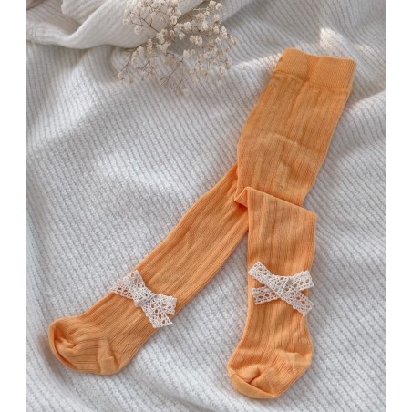Prążkowane rajstopy bambusowe z koronką zgaszona pomarańcza