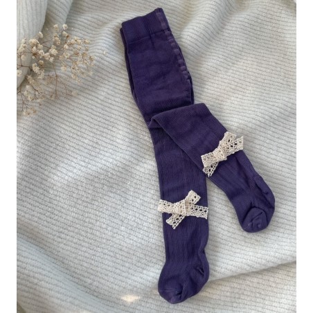 Prążkowane rajstopy bambusowe z koronką śliwkowe 62/68