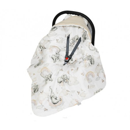 Otulacz śpiworek z kapturkiem do fotelika velvet/bawełna (beż +słonik z tęczą)