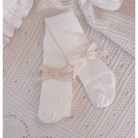 Bawełniane rajstopy śmietankowe z koronką
