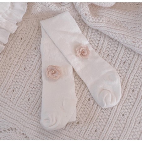 Bawełniane rajstopy śmietankowe z beżową różyczką