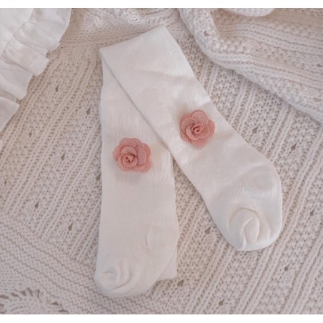Bawełniane rajstopy śmietankowe z pudrową różyczką