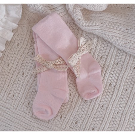 Bawełniane rajstopy pastelowo różowe z koronką