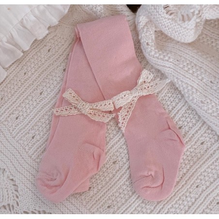 Bawełniane rajstopy pudrowo różowe z koronką