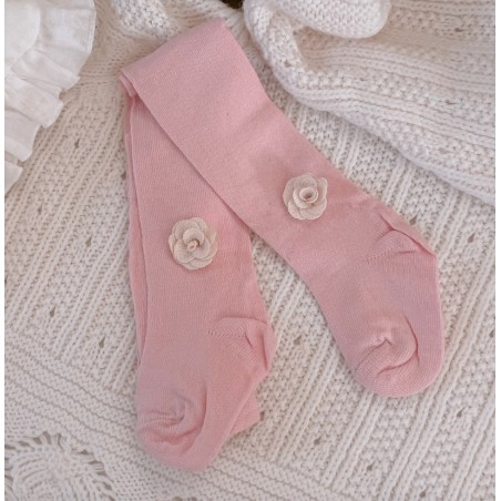 Bawełniane rajstopy pudrowo różowe z beżową różyczką