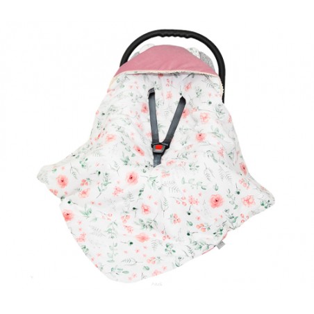 Otulacz śpiworek 90x90 z kapturkiem do fotelika velvet/bawełna (różowy +eucaliptus)