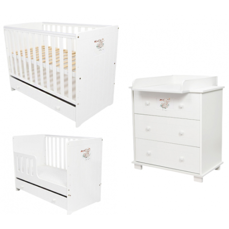 Zestaw BLANKA-2- łóżeczko z szufladą + komoda z przewijakiem w stylu skandynawskim Bunny