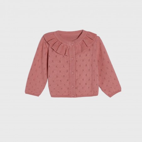 Ażurowy sweter z falbanką ciemny róż pudrowy