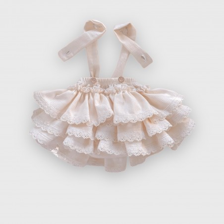 Spódnica na szelkach z falbankami i koronką Lovely Line wafelkowy jasno kremowy beż