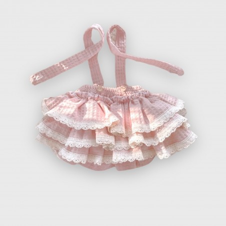 Spódnica na szelkach z falbankami i koronką Lovely Line wafelkowy pudrowy róż