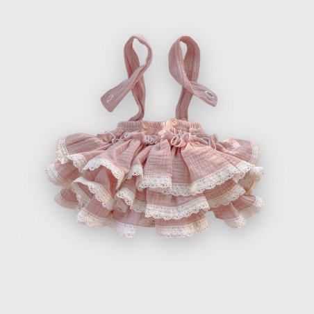 Spódnica na szelkach z falbankami i koronką Lovely Line muślinowa pudrowy róż