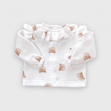 Koszula muślinowa Little Teddy z falbanką śmietankowa