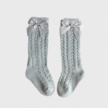 Ażurowe podkolanówki z kokardką - szary