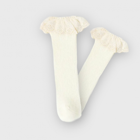 Prążkowane podkolanówki z falbanką waniliowe rozmiar uniwersalny