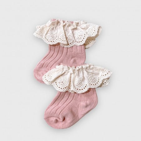 Prążkowane skarpetki z falbanką 0-6m pudrowy róż