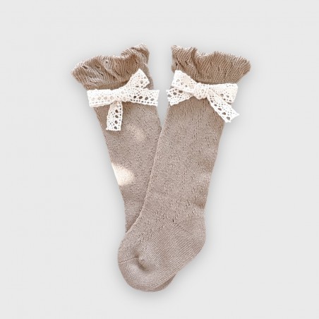 Ażurowe podkolanówki z koronką brązowe 0-6m