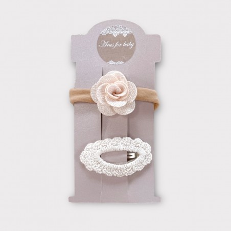 Zestaw opaska bezuciskowa + spinka Beżowa różyczka z koronką