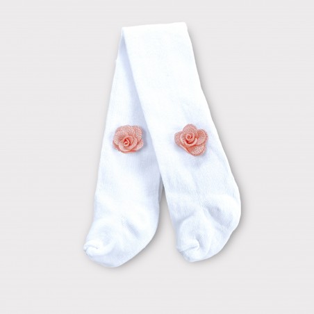 Bawełniane rajstopy białe z pudrową różyczką