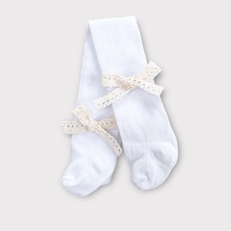 Bawełniane rajstopy białe z beżową koronką
