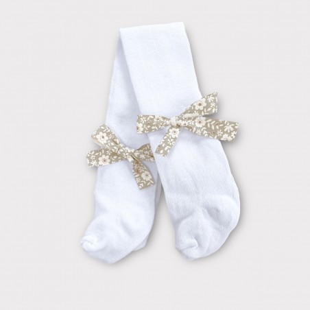 Bawełniane rajstopy białe z kwiatową kokardką beżową