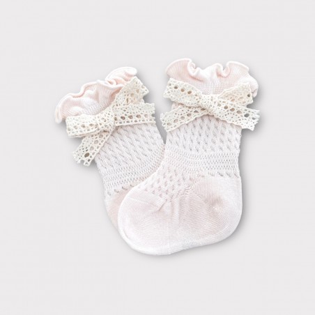 Ażurowe podkolanówki z falbanką i koronką pudrowe