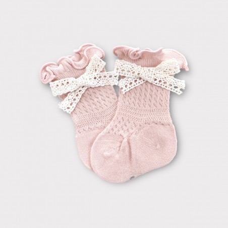 Ażurowe podkolanówki z falbanką i koronką brzoskwiniowe