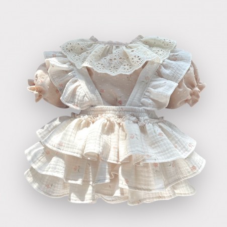 Komplet: Spódniczka ogrodniczka + koszula z bufką i haftowanym kołnierzykiem beżowym Plumetti Tinkerbell