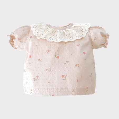 Koszula bawełniana plumetti z bufką i haftowanym beżowym kołnierzykiem Tinkerbell beżowa