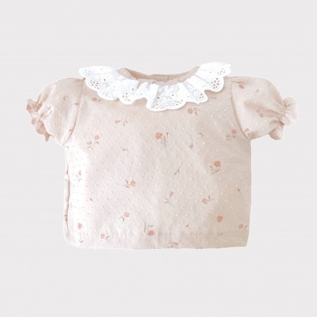 Koszula bawełniana plumetti z bufką i haftowanym białym kołnierzykiem Tinkerbell beżowa