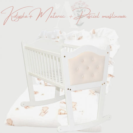 Kołyska Carmen+ materac kokos-pianka+ pościel muślinowa Baby Bunnies