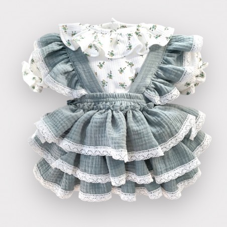 Komplet: Spódniczka ogrodniczka z koronką+ koszula z bufką Fairy mint