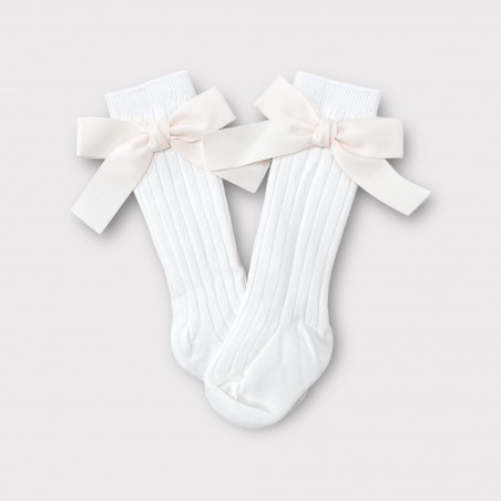 Podkolanówki prążkowane z kokardą śmietankowe