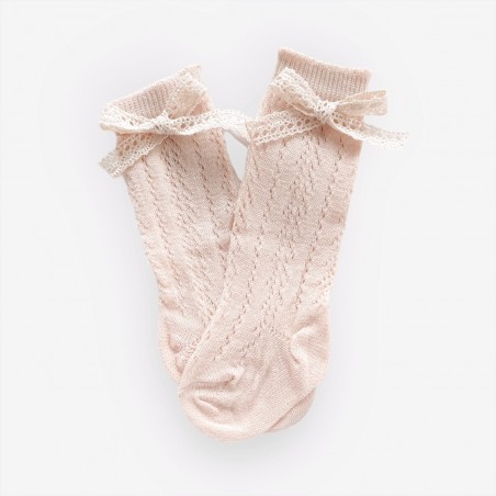 Ażurowe podkolanówki z koronką beż