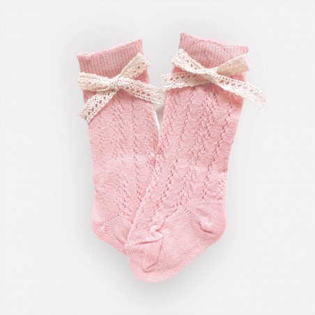 Ażurowe podkolanówki z koronką łososiowe