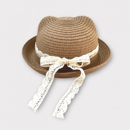 Kapelusz słomkowy z koronkową kokardką brązowy