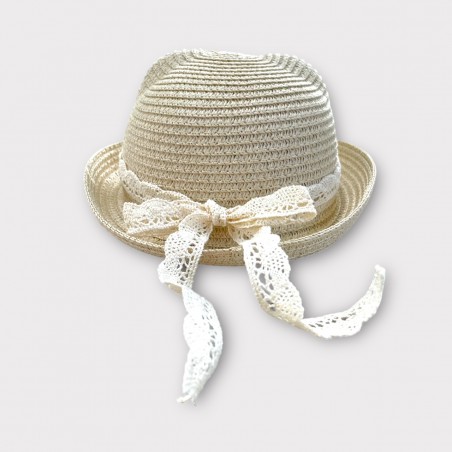 Kapelusz słomkowy z koronkową kokardką beżowy