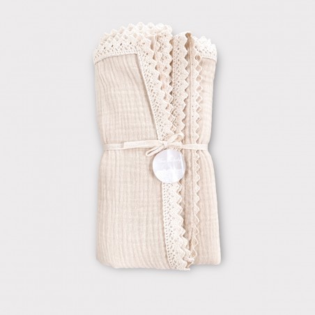 Kocyk Muślinowy 100x75 z koronką waniliowy beż