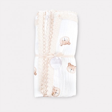 Kocyk Muślinowy 100x75 z koronką Little Teddy