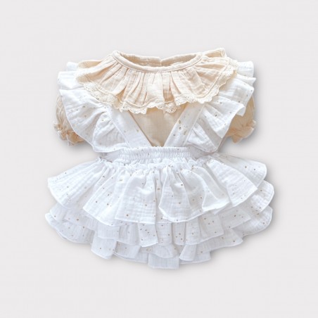 Komplet: Spódniczka ogrodniczka w złote kropki + koszula z bufką waniliowy beż