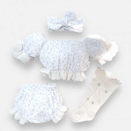 Komplet Bluebonne: Top + bloomersy + zakolanówki + opaska