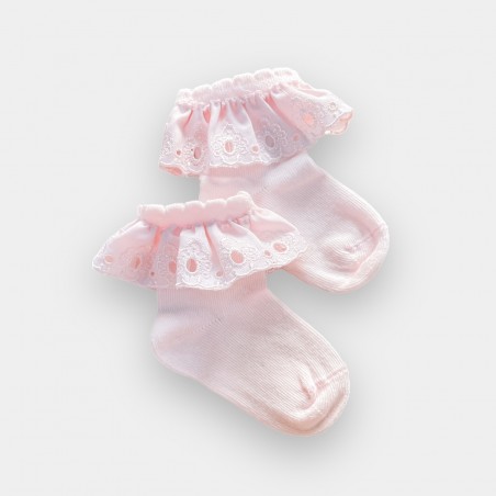 Skarpetki z haftowaną falbanką pastelowy puder