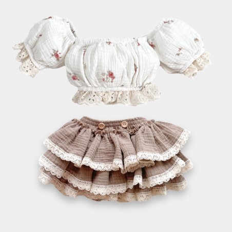 Komplet: Top Eternelle Fleur + spódniczka/ bloomersy na szelkach brązowa