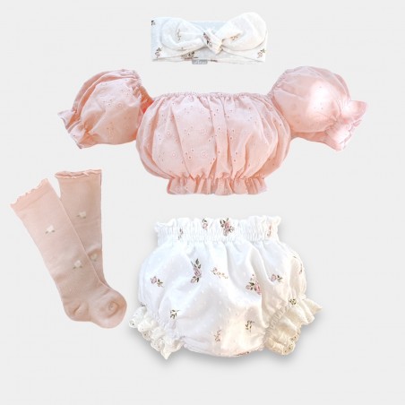 Komplet Petite Fleur: Top haftowany pudrowy+ bloomersy + zakolanówki + opaska