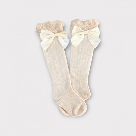 Podkolanówki ażurowe z kokardką i falbanką beżowe