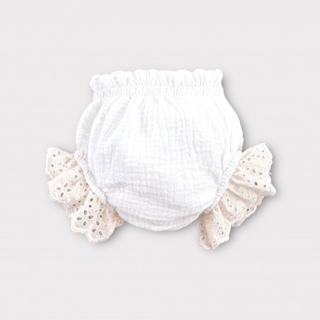 Muślinowe bloomersy z haftowanymi falbankami śmetankowe + beż