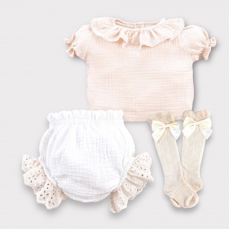 ZESTAW UBRANEK Z KOLEKCJI BUTTERFLY OF THE VALLEY : BLOOMERSY, KOSZULA Z BUFKĄ, PODKOLANÓWKI