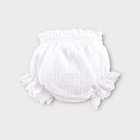 MUŚLINOWE BLOOMERSY Z HAFTOWANYMI FALBANKAMI ŚMETANKOWE + śmietankowa haftka