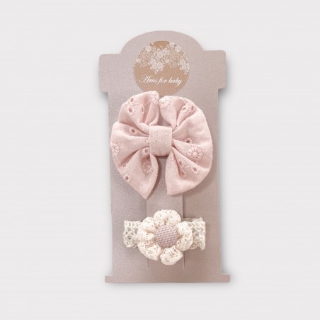 ZESTAW SPINEK pudrowa haftowana kokardka + kwiatuszek