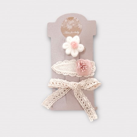 ZESTAW 3 SPINEK kwiatuszek z falbanką i koronką