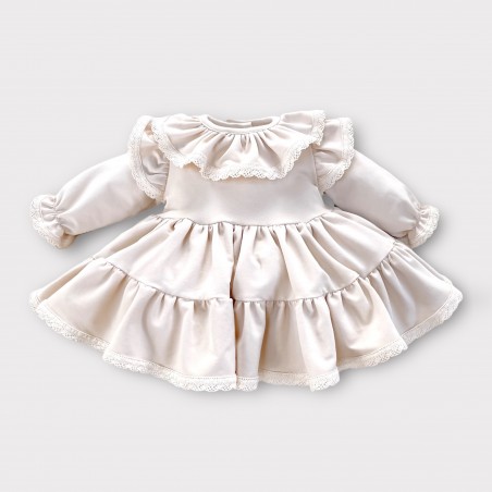 Sukienka jesienno-zimowa  Z FALBANKAMI I KORONKĄ Vanilla and Cream beżowa